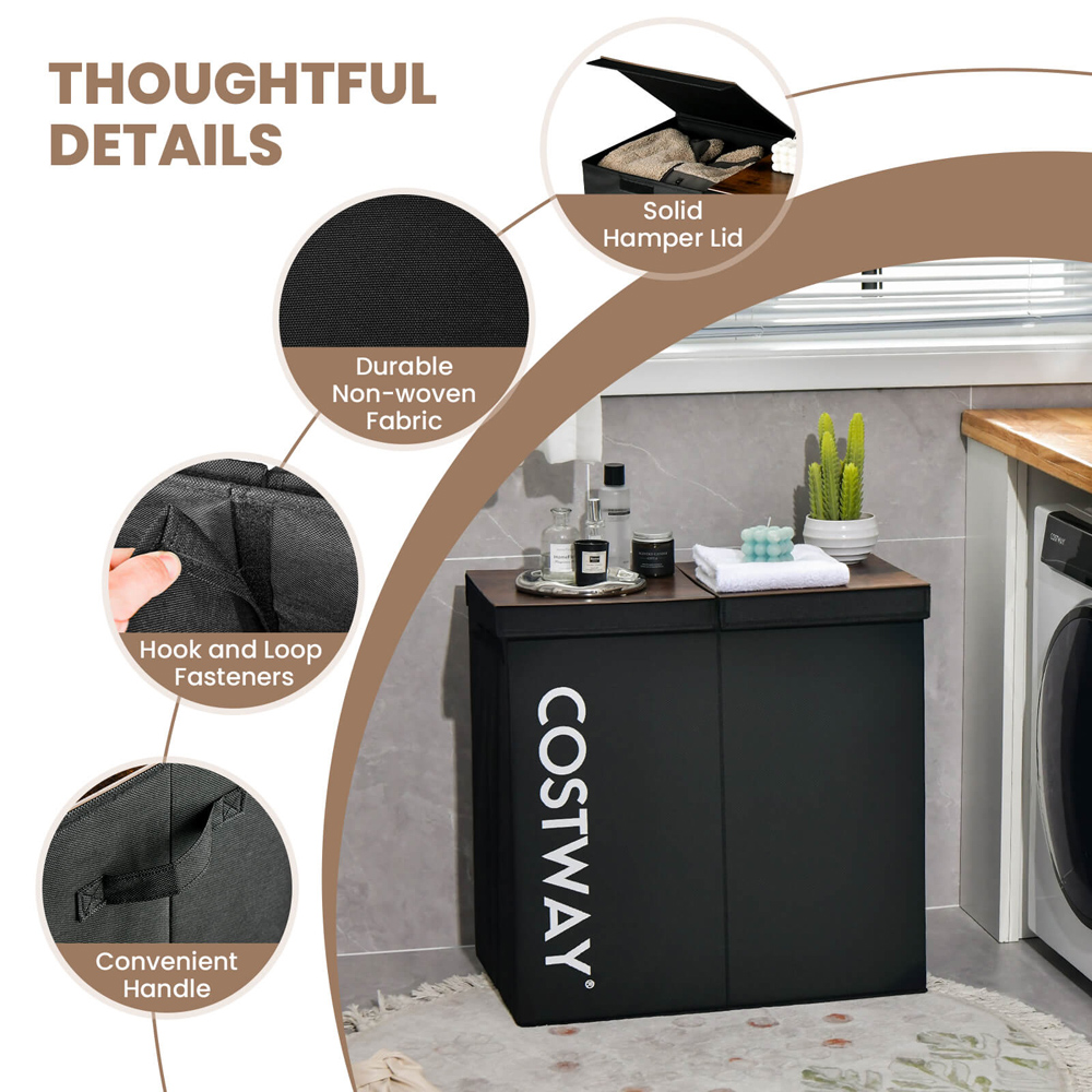 Costway 2 Section Black Laundry Hamper 105L Image 7