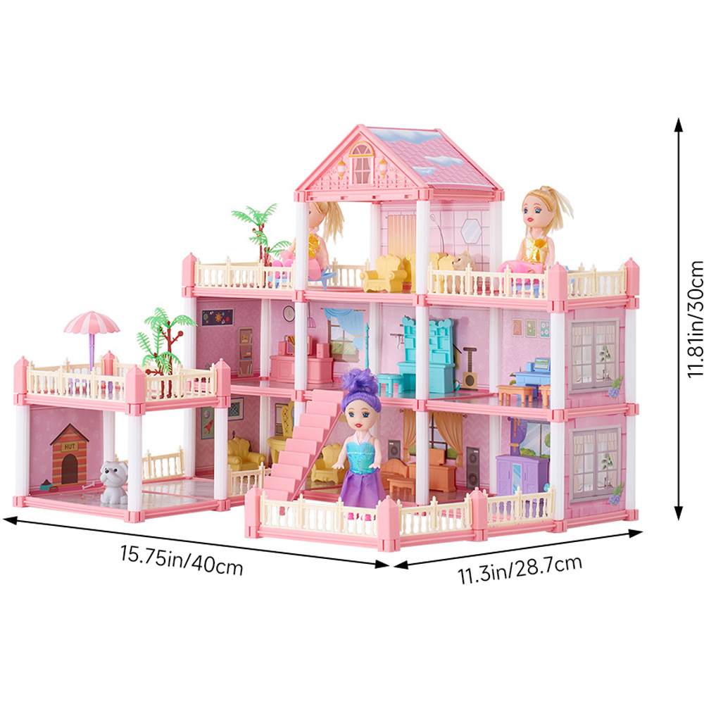 H&O Direct 192 Piece Kids Pink 3 Storey Dollhouse Playset with Furniture Image 6