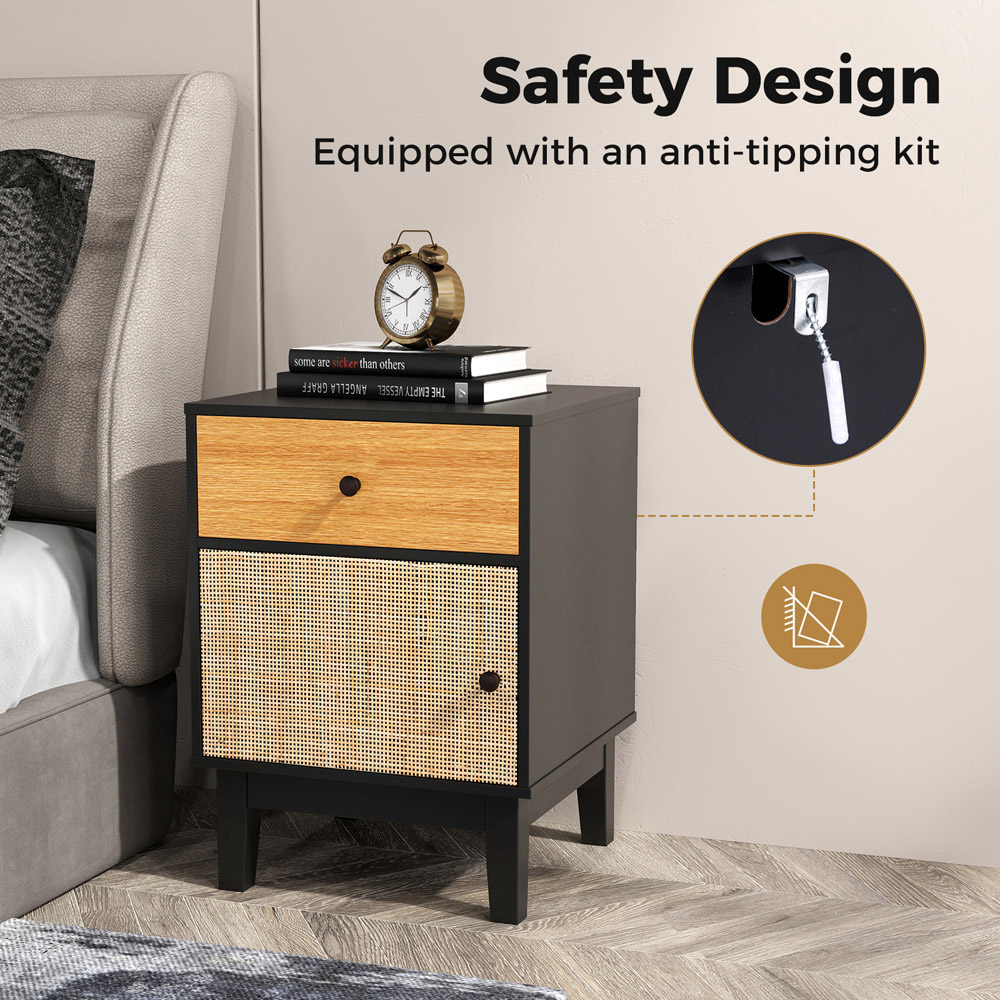 Costway Single Door Single Drawer Black Modern Rattan Nightstand Image 5