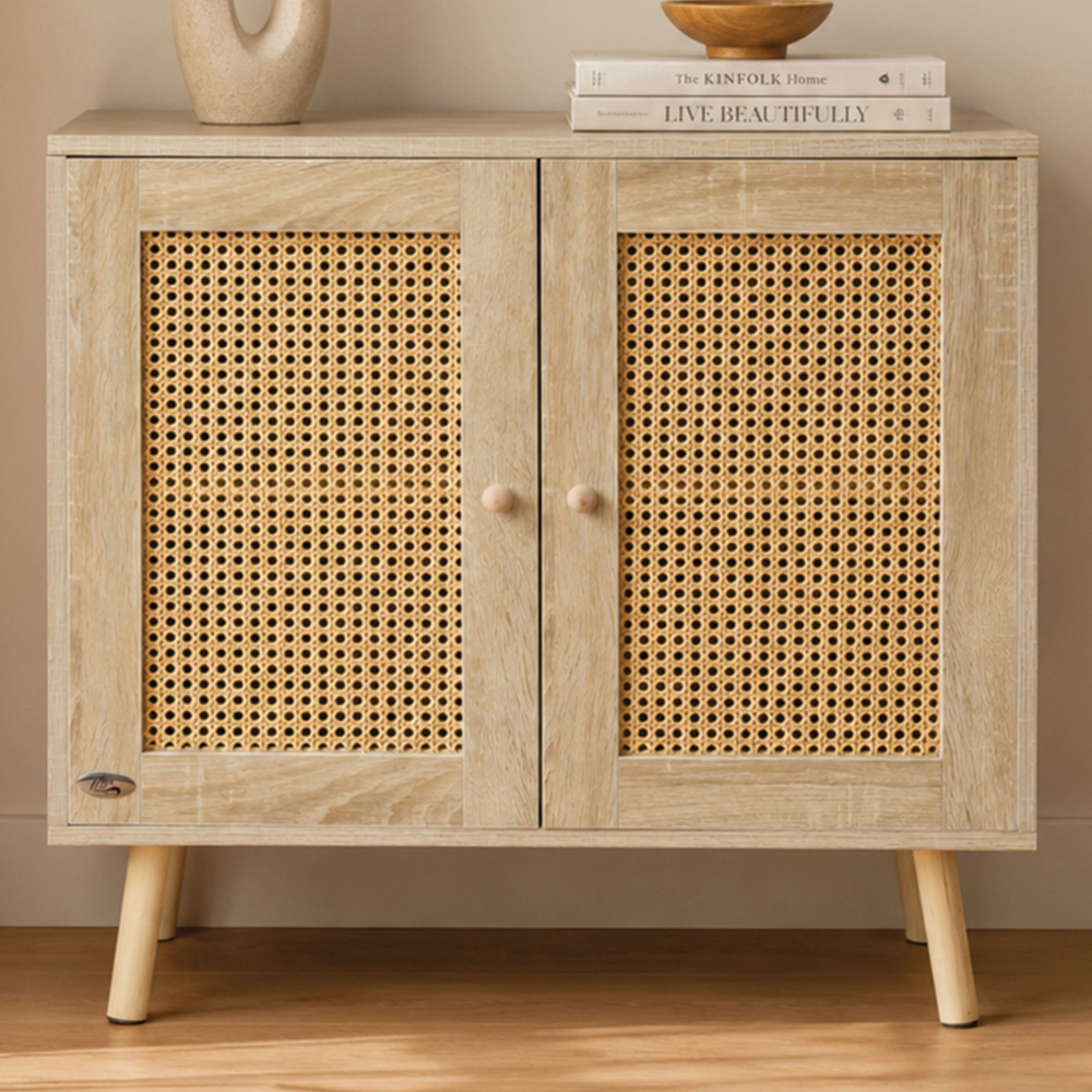 Abrihome 2 Door Natural Wooden Rattan Compact Sideboard Image 1