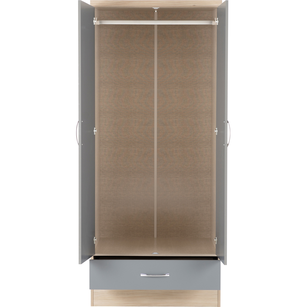 Seconique Nevada 2 Door Single Drawer Grey Gloss and Light Oak Veneer Wardrobe Image 4
