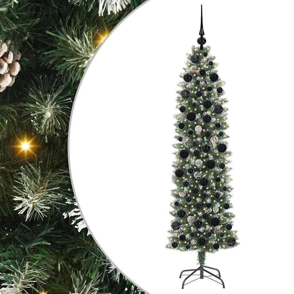 vidaXL Pre-Lit Black Bauble Pinecones Green Snow Flocked Artificial Pencil Christmas Tree 6ft Image 6