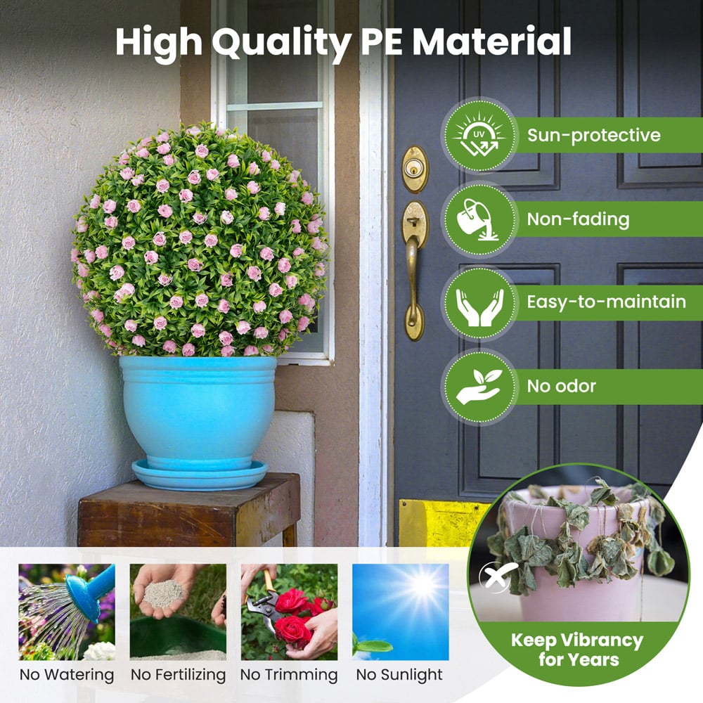 Costway 2 Piece Topiary Balls Artificial Plant with Pink Flowers Image 7