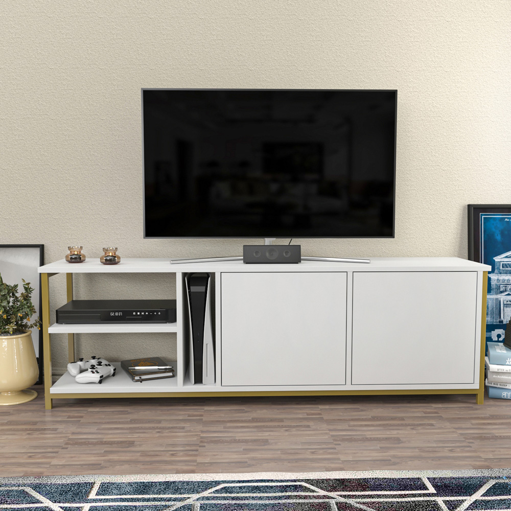 Decorotika Primrose 2 Door 3 Shelf Gold and White TV Stand for 72 inch TV Image 4