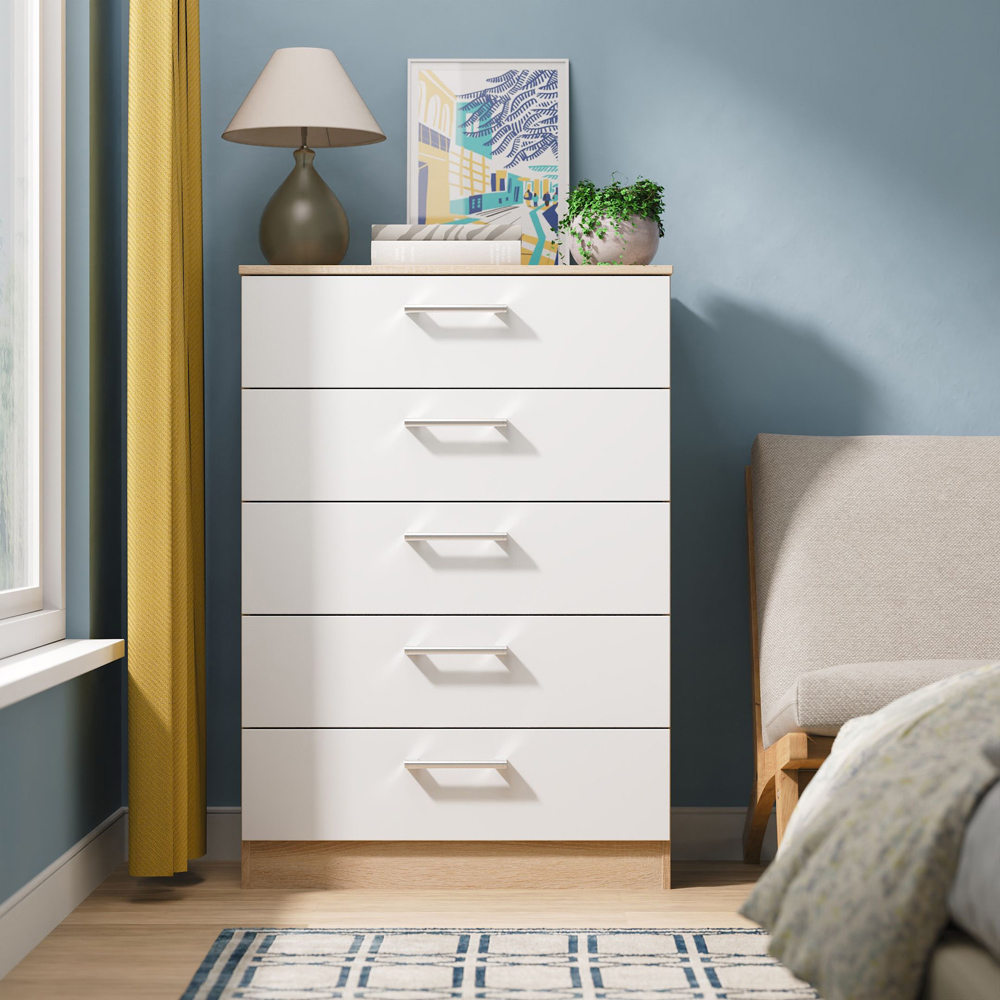Crowndale Devon 5 Drawer Matt White and Bardolino Oak Chest of Drawers Ready Assembled Image 7