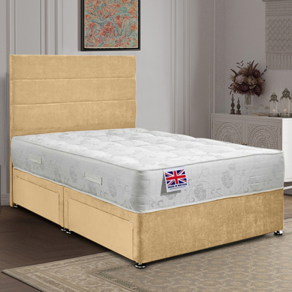 Eleganza Home Repose Double Beige Plush Velvet 2 Drawer Divan Bed with Lined Headboard Image 1