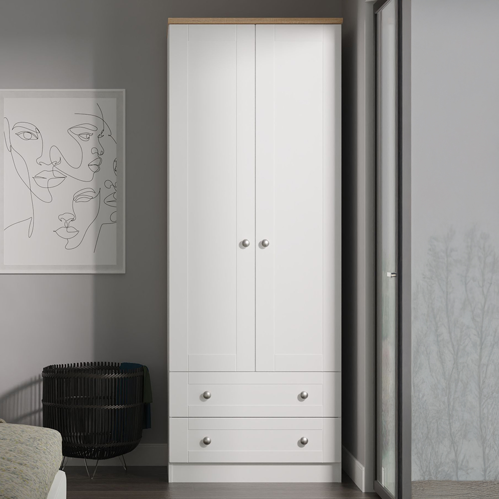 Crowndale Sussex 2 Door 2 Drawer White Ash and Bardolino Oak Tall Wardrobe Ready Assembled Image 1