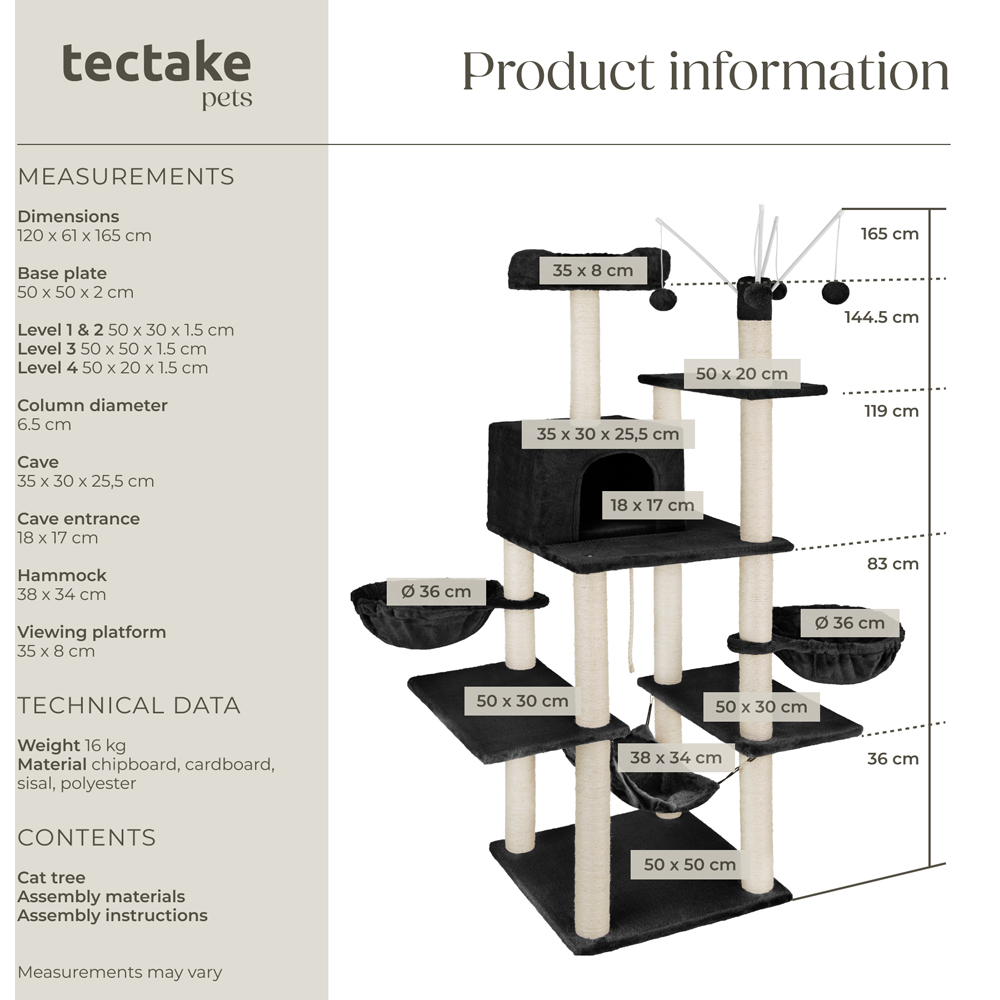 tectake Lilou Black Cat Tree with Scratching Posts 165cm Image 9