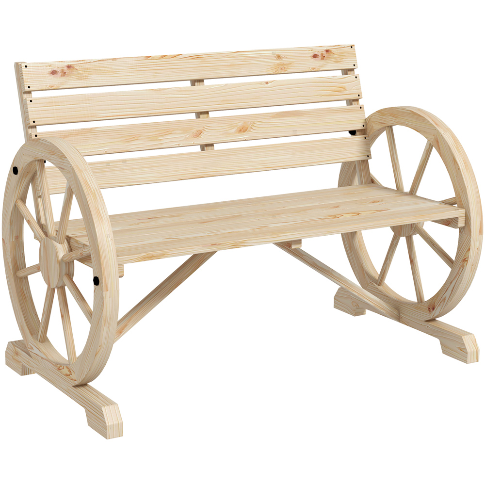 Outsunny 2 Seater Natural Garden Bench with Cart Wagon Wheel Image 2
