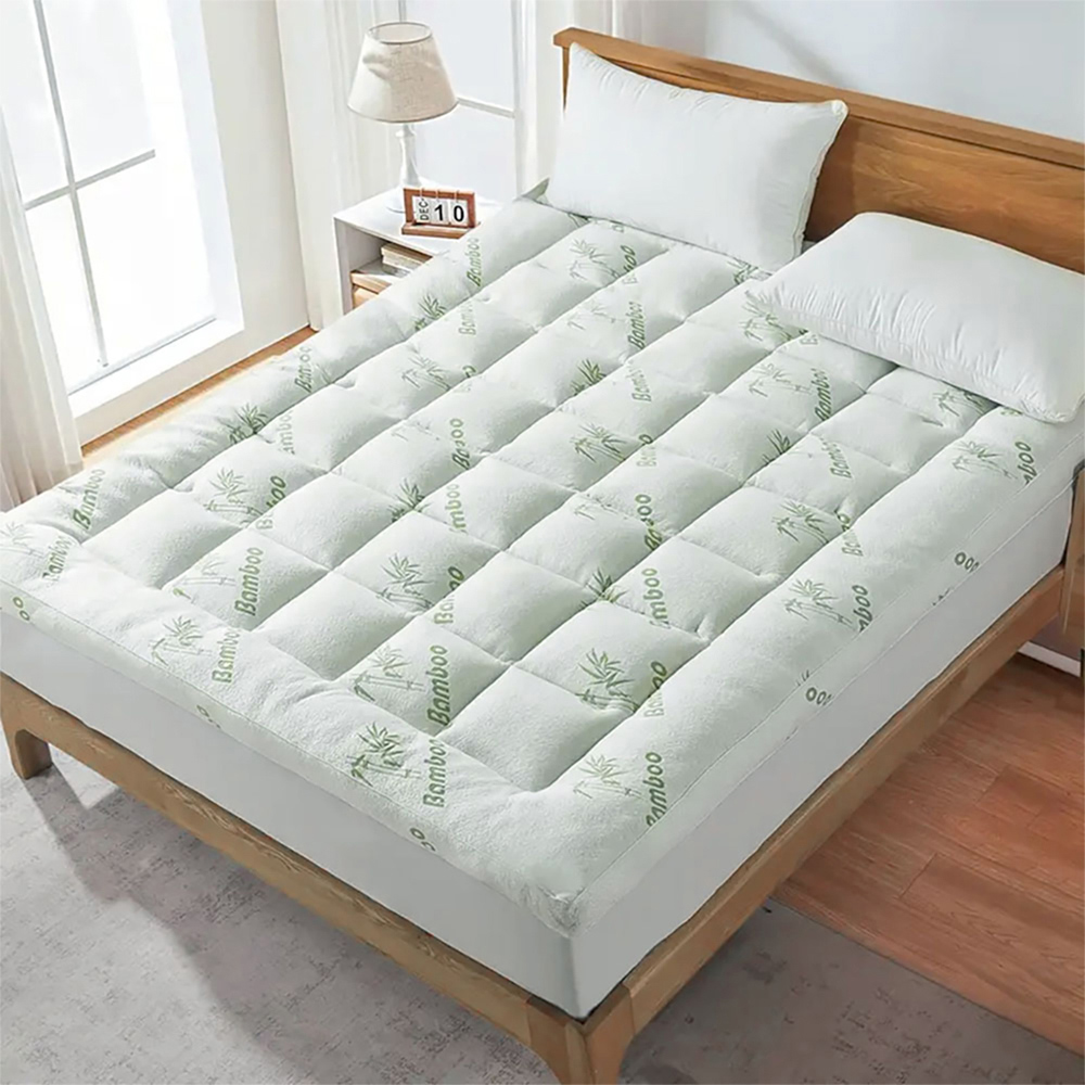 Living and Home Single White and Green Bamboo Leaf Quilted Mattress Topper Image 2