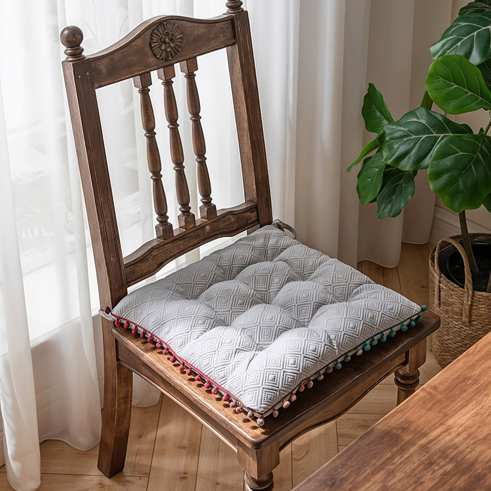 Living and Home Grey Square Dining Chair Cushion with Pom Poms 40 x 40cm Image 7