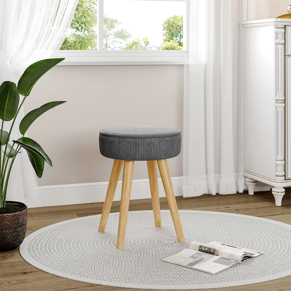 Living and Home Corduroy Round Footstool with Wooden Legs Image 3