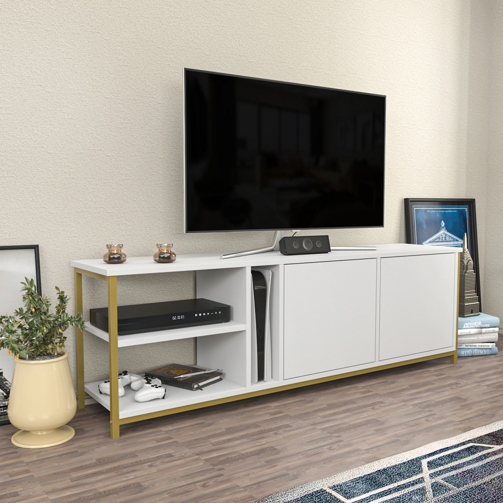 Decorotika Primrose 2 Door 3 Shelf Gold and White TV Stand for 72 inch TV Image 5