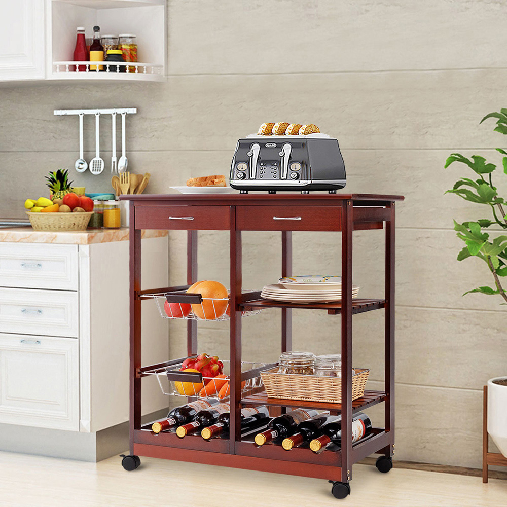 Costway Burgundy Wooden Rolling Kitchen Storage Cart Image 3