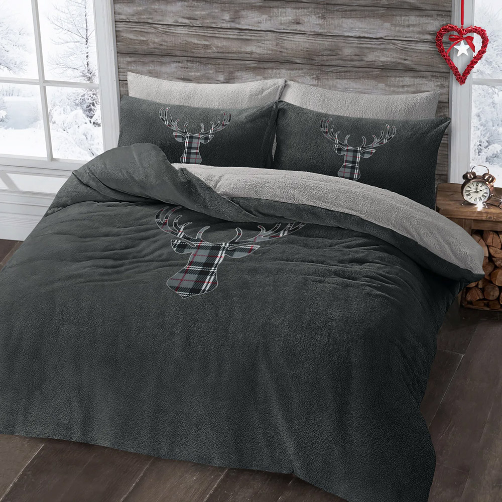 Velosso Single Charcoal Stag Head Teddy Fleece Duvet Set Image 1