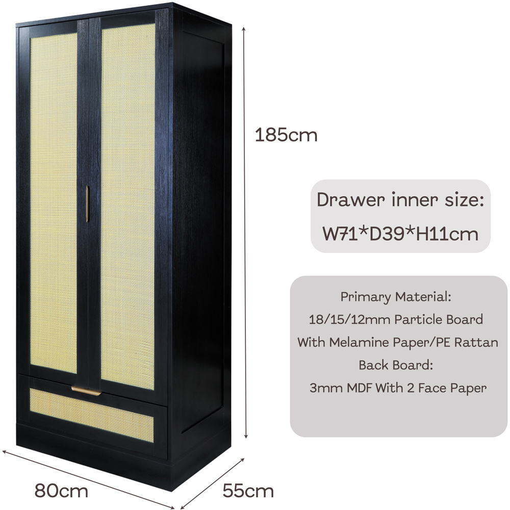 Langham 2 Door Single Drawer Black Rattan Fluted Wardrobe Image 8