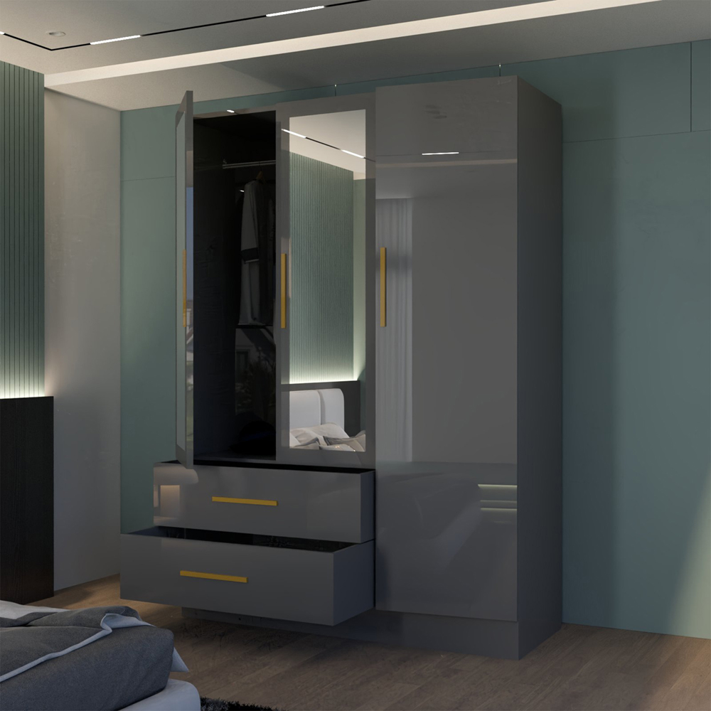 M N Furniture Glossera 3 Door 2 Drawer Grey High Gloss Mirrored Wardrobe 116cm Image 3