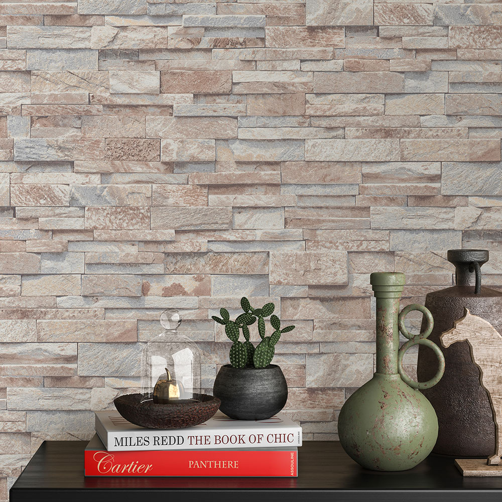 Erismann Realistic Brick Effect Stone Wall Grey and Beige Wallpaper Image 3