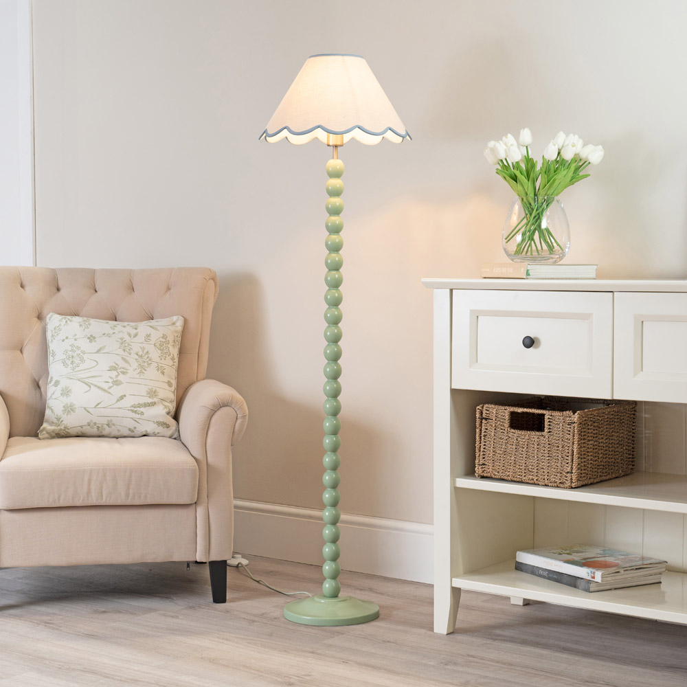 ValueLights Bobbins Natural and Blue Scallop Shade Sage Green LED Floor Lamp Image 2