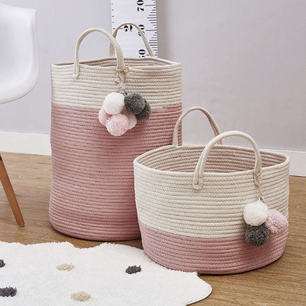 Living and Home Kids Pink Woven Storage Basket with Pom Pom Image 2
