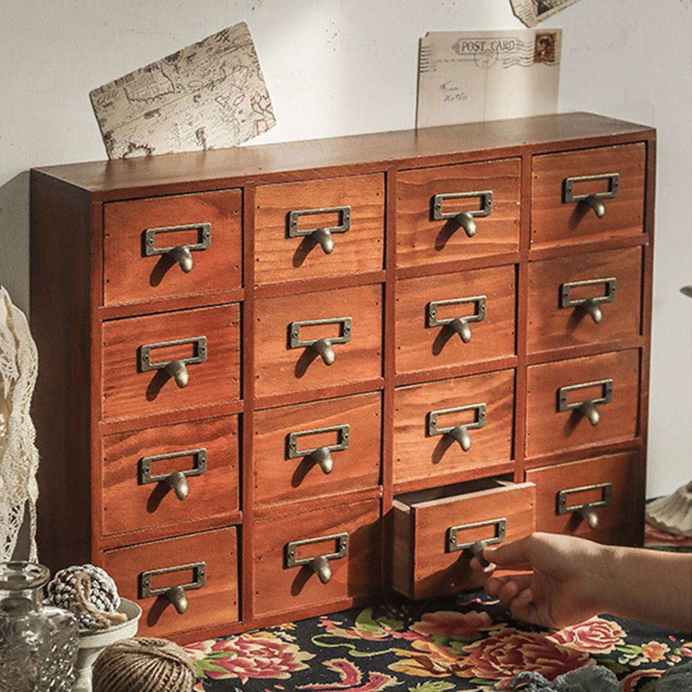 Living and Home 16 Drawer Vintage Wooden Drawer Organiser Box Image 2