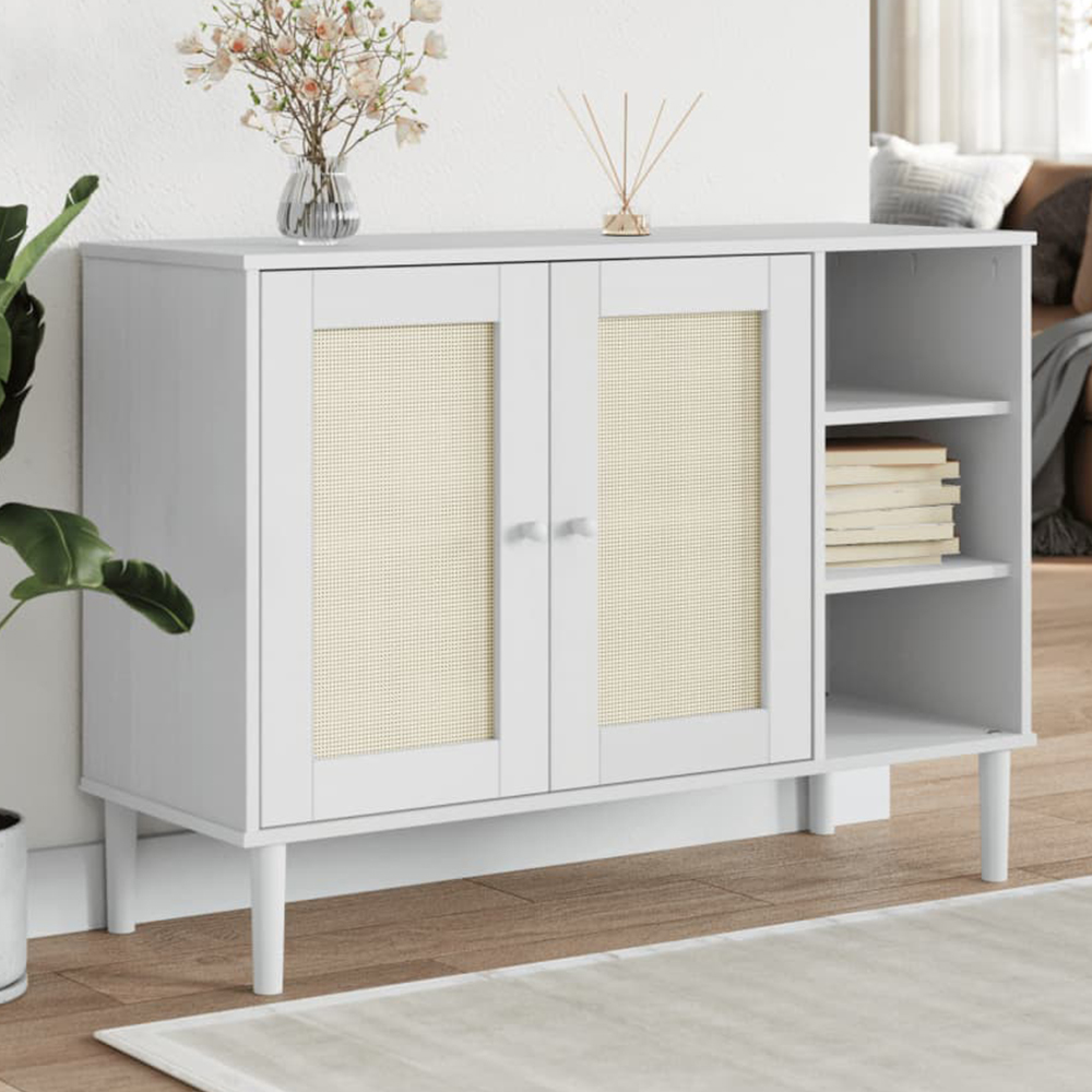 vidaXL Senja 2 Door 3 Shelf White Solid Pine Wood Rattan Look Sideboard Image 1