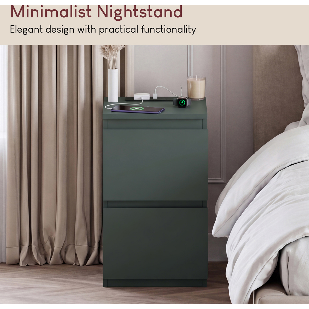 VIDA DESIGNS Denver 2 Drawer Green Bedside Chest with Power Outlet Image 4