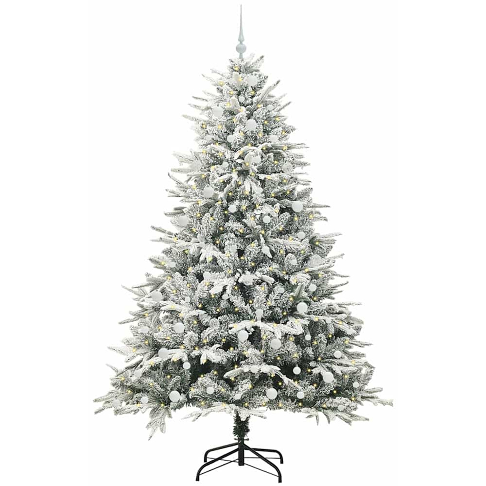 vidaXL 300 LED Pre-Lit White Baubles Green Artificial Snow Flocked Christmas Tree 8ft Image 1