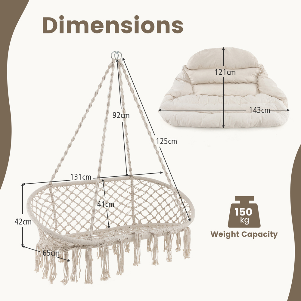 Costway Beige Hand Woven Rope Hanging Chair with Thick Cushion Image 9