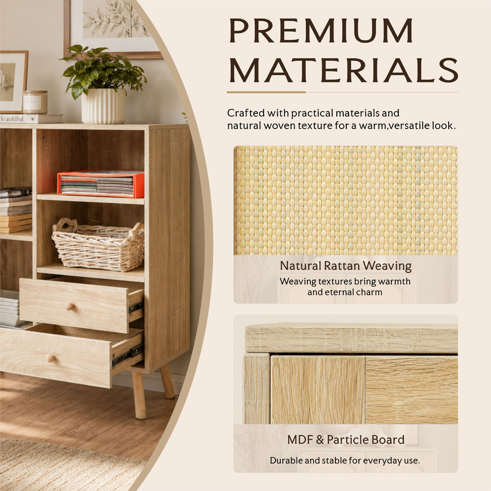 Abrihome Single Door 2 Drawer 2 Shelf Natural Wooden Rattan Side Cabinet Image 6
