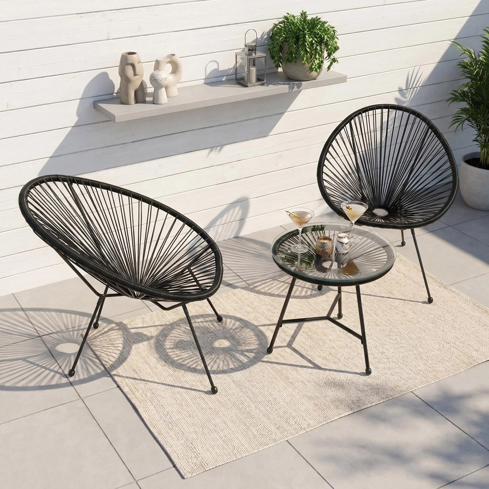 Alivio 2 Seater Black Acapulco-Style Garden Bistro Set with Glass Top Table Image 2
