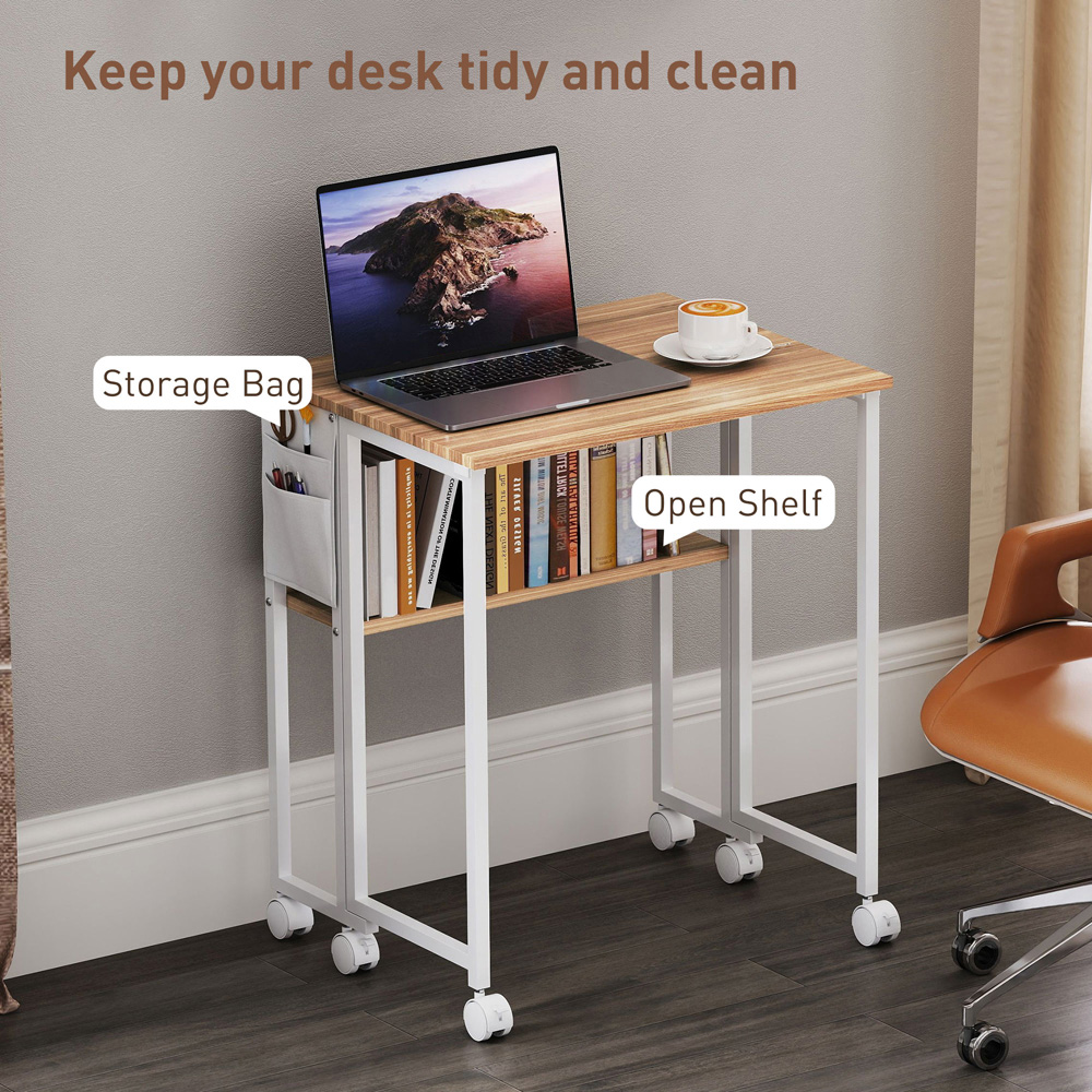 HOMCOM Single Shelf Foldable Computer Desk with Wheels and Side Bag Natural Image 5