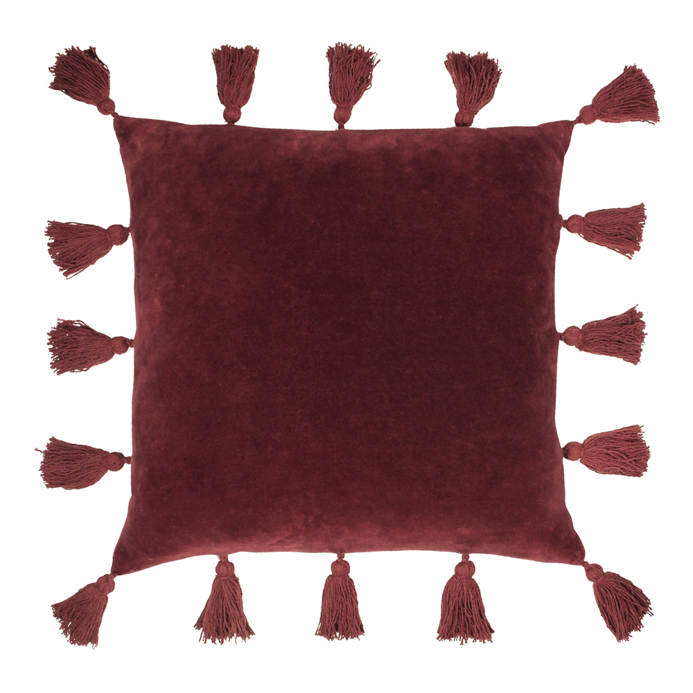 furn. Medina Velvet Tasselled Cushion Berry Image 1