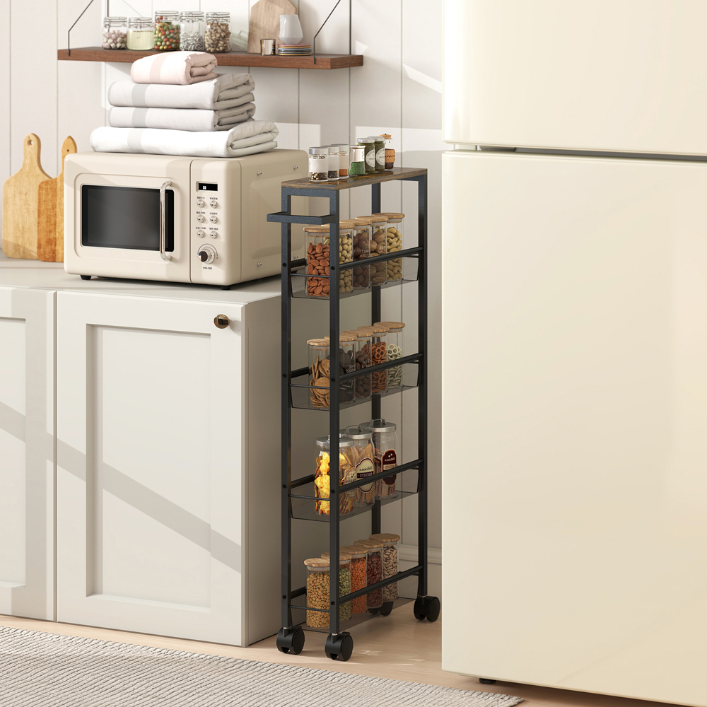 Portland 5-Tier Black Slim Kitchen Storage Trolley Cart with Handle Image 2