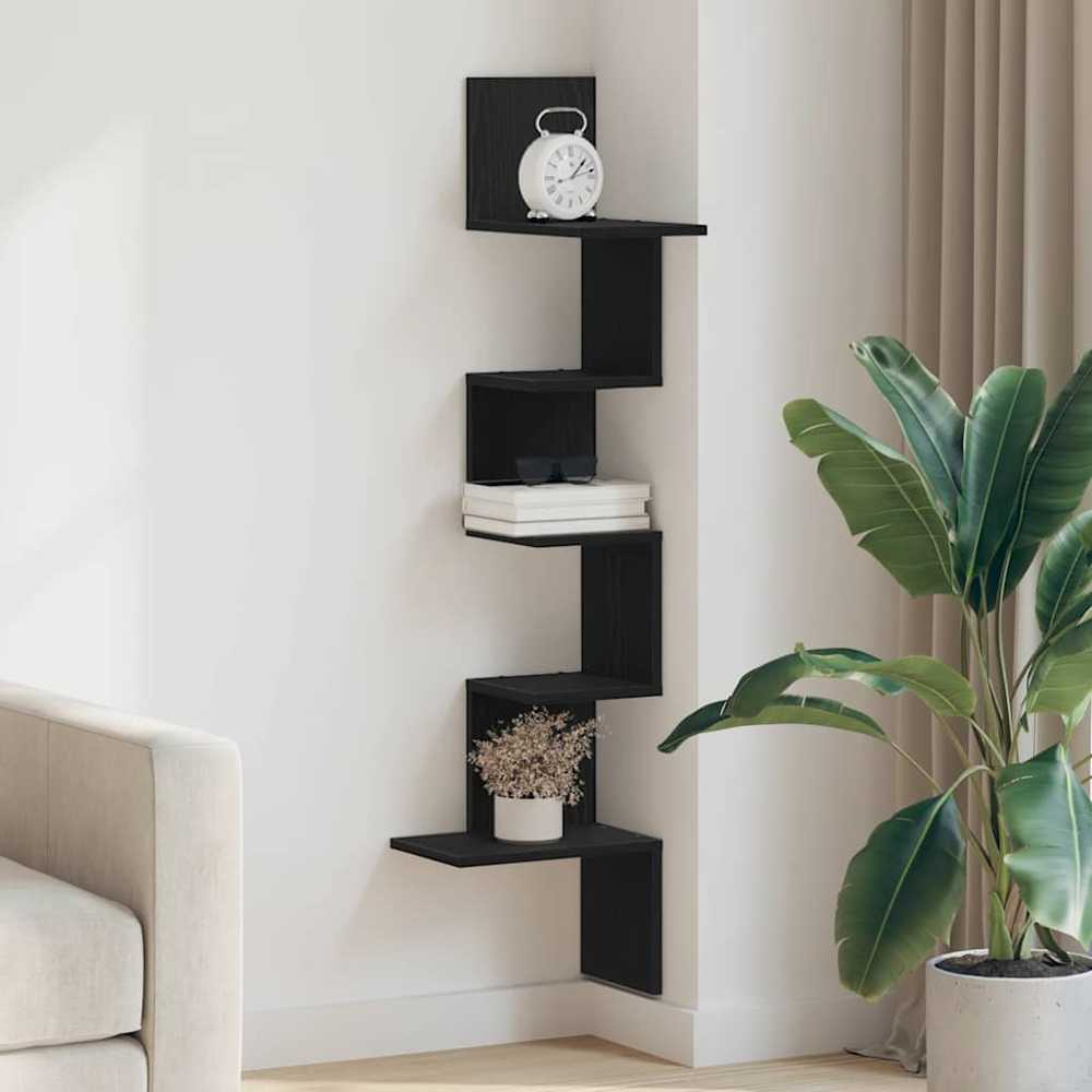 vidaXL 5 Shelf Black Floating Corner Wall Shelf Image 2