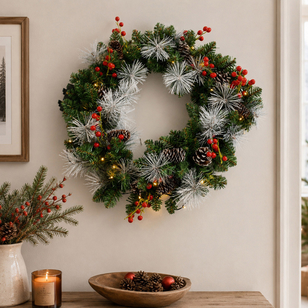 Abrihome 35 Warm White LED Artificial Cypress Christmas Wreath with 120 Tips and 10 Pinecones 50cm Image 8