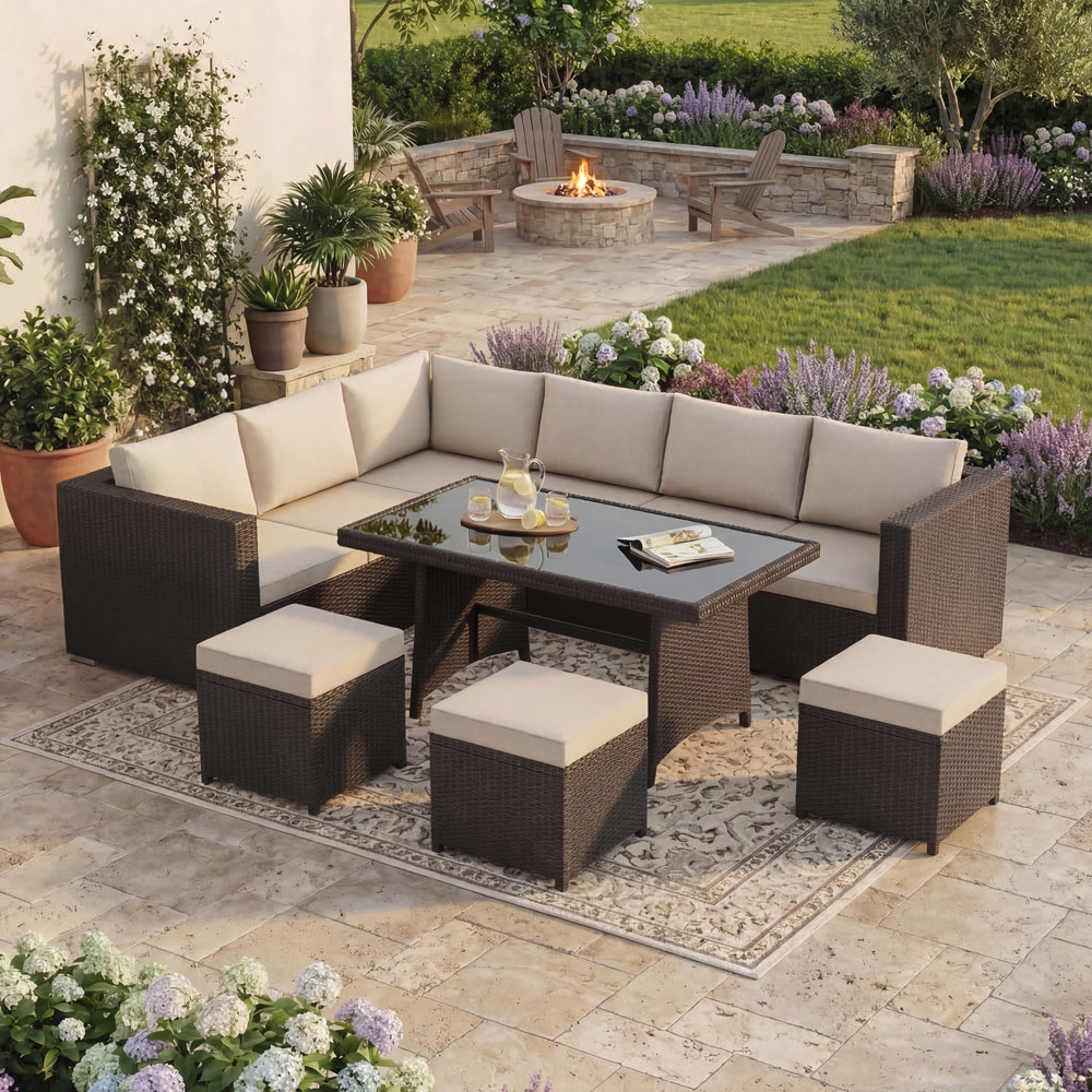 GARDEN VIDA Belgrave 9 Seater Brown PE Rattan Garden Corner Lounge Set with Cover Image 3
