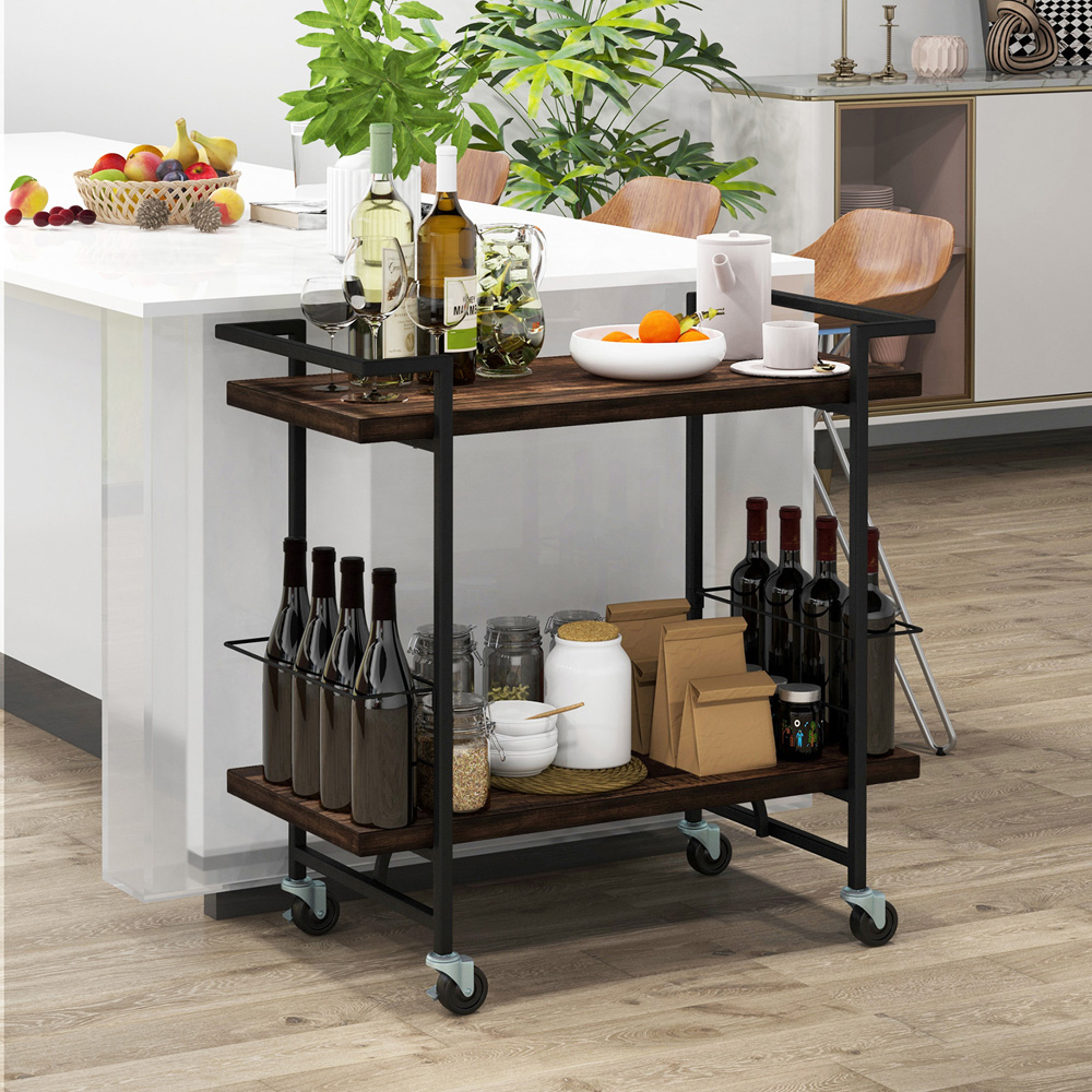 Costway 2 Shelf Rustic Brown Home Bar Cart with Lockable Wheels Image 6