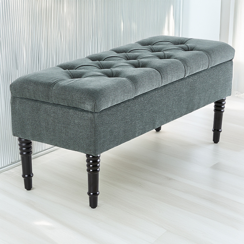 Living and Home 2 Seater Green Vintage Linen Ottoman Bench Image 1