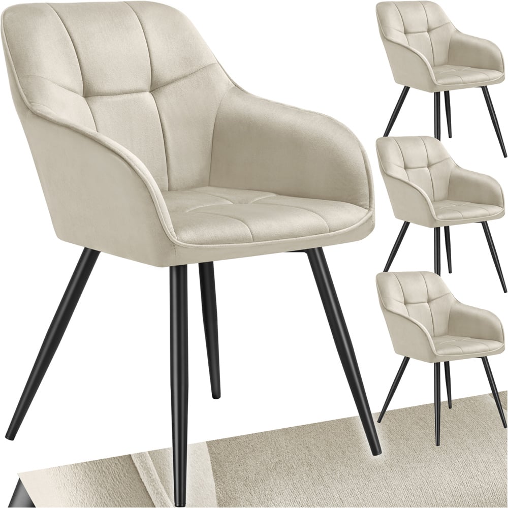 tectake Marilyn Set of 4 Cream and Black Quilted Velvet Dining Chair with Armrest Image 2