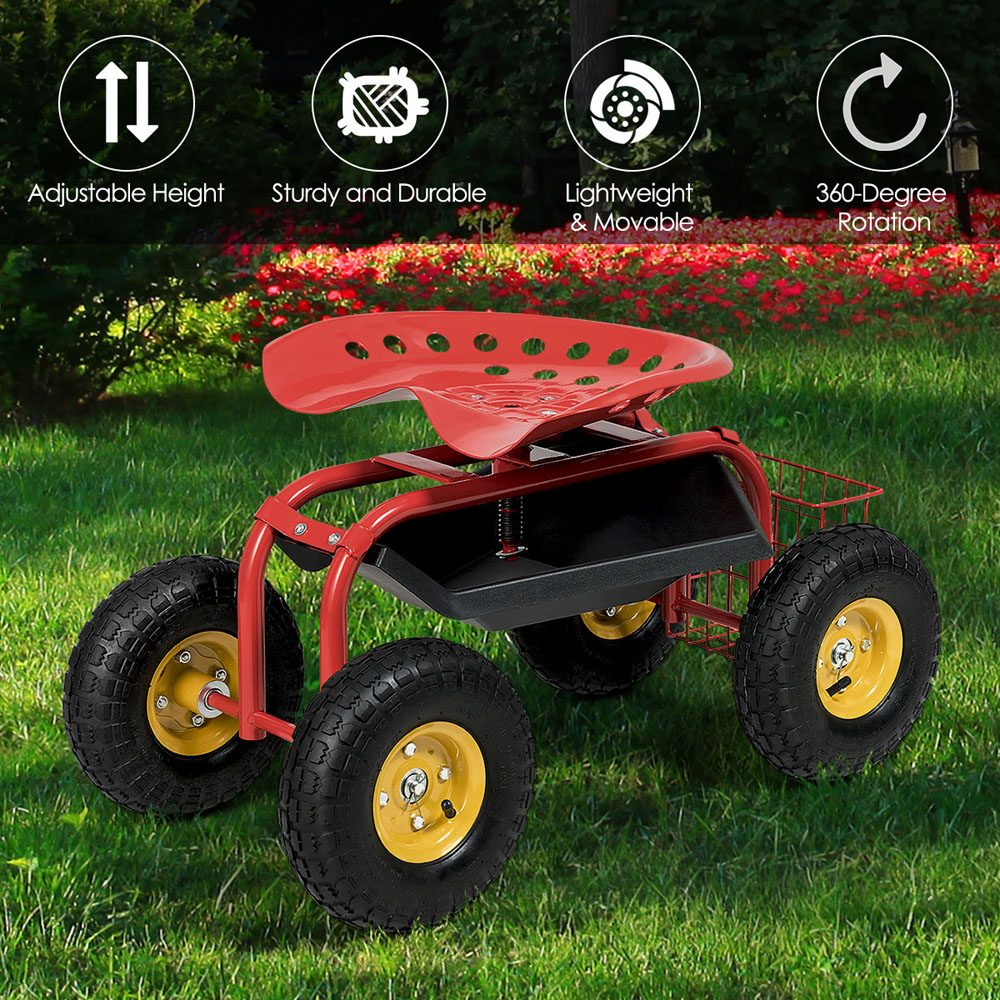 Costway Red Adjustable Rolling Gardening Cart Image 6