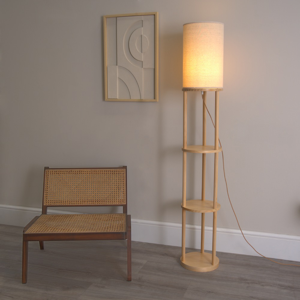 ValueLights Elsa 3 Shelf Cream Shade Wooden LED Floor Lamp Image 2