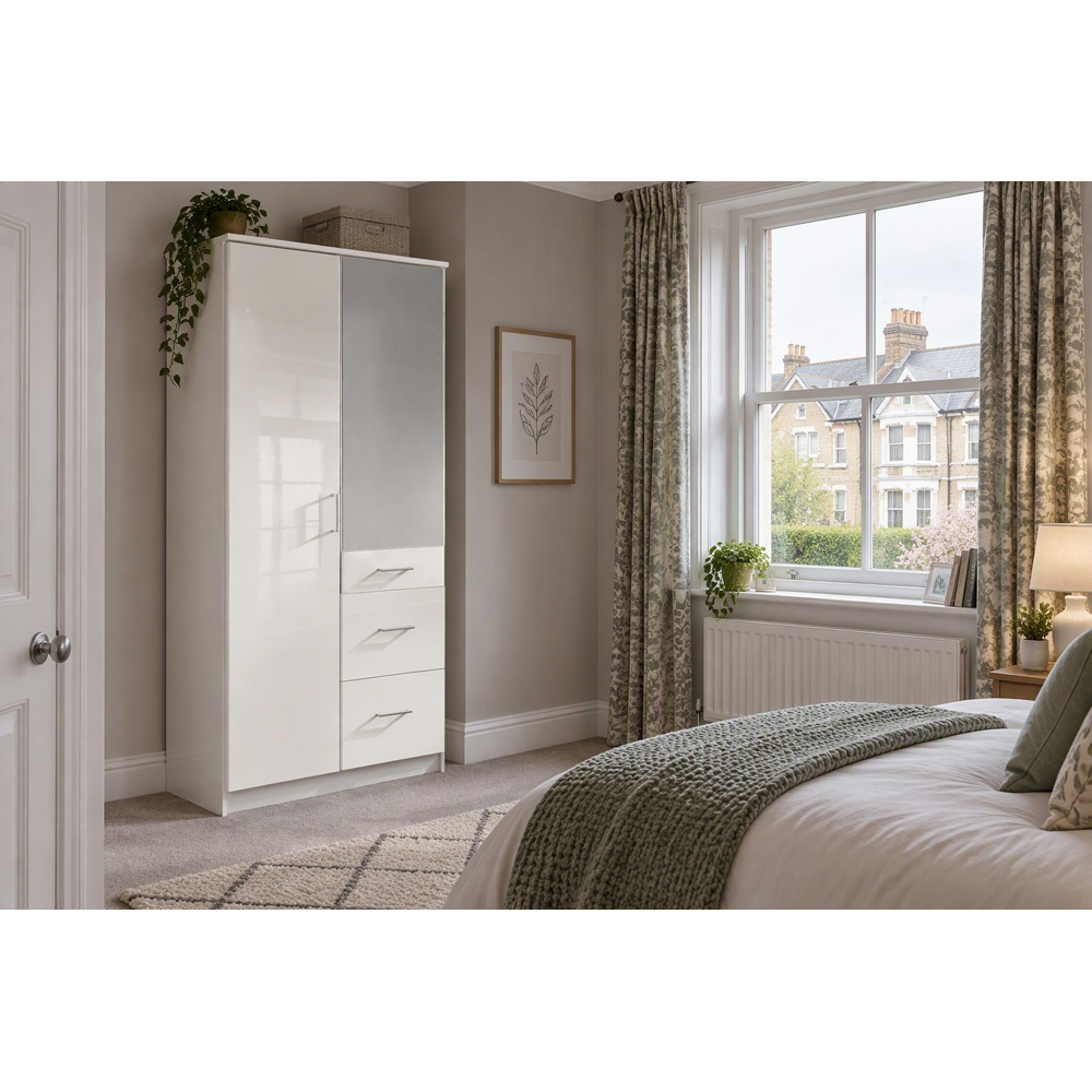TJ'S Duo 2 Door 3 Drawer White Mirrored Wardrobe Image 5