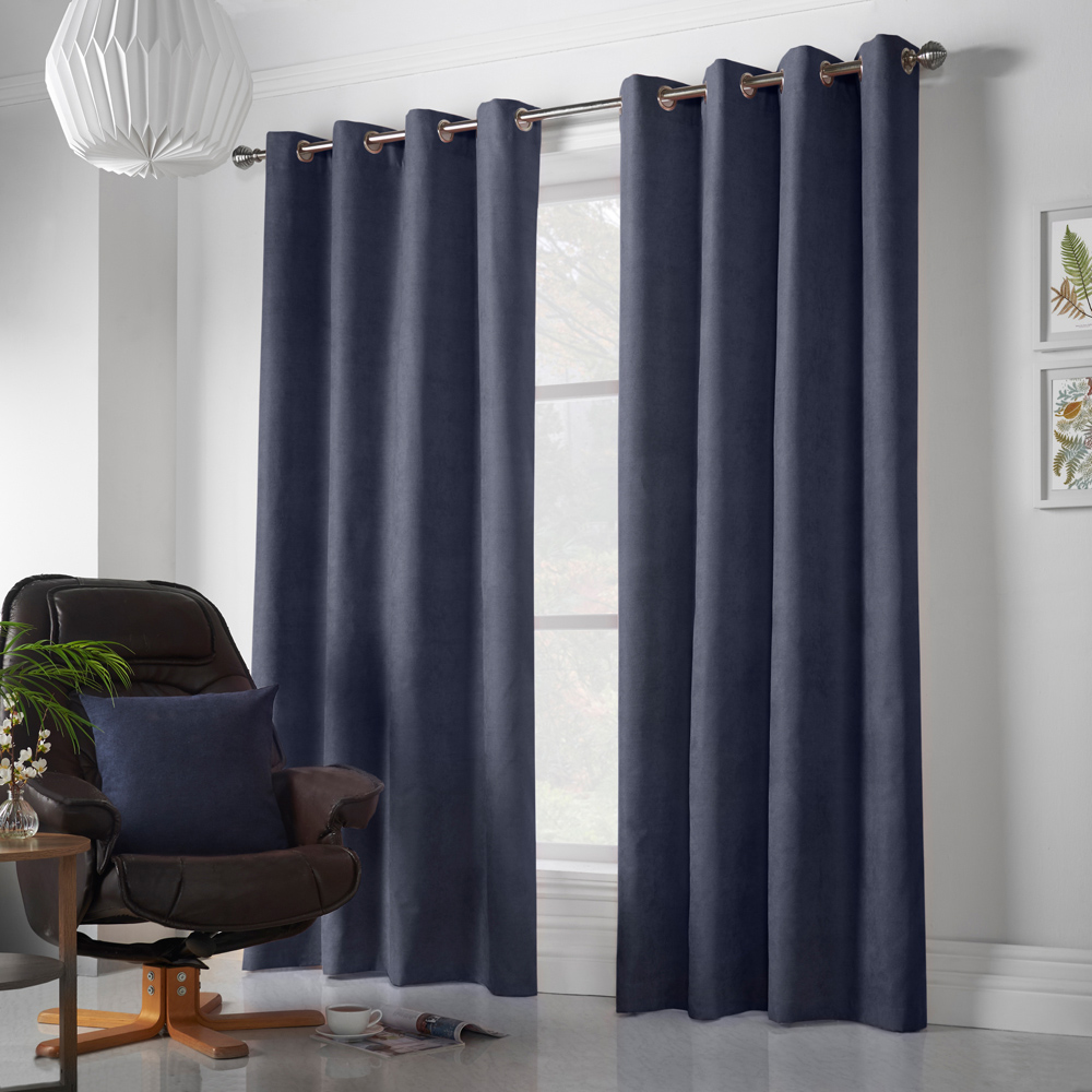 Alan Symonds Navy Velvet Chenille Ring Top Eyelet Curtains 142 x 229cm Image 4