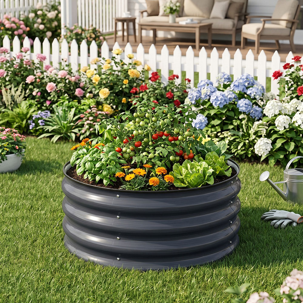 Living and Home Grey Round Metal Raised Garden Bed with Open Bottom 60 x 30cm Image 2