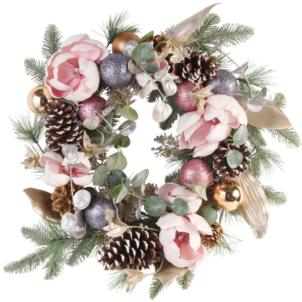 Christmas Wintery Foliage Blush Flower and Bauble Wreath Image 1