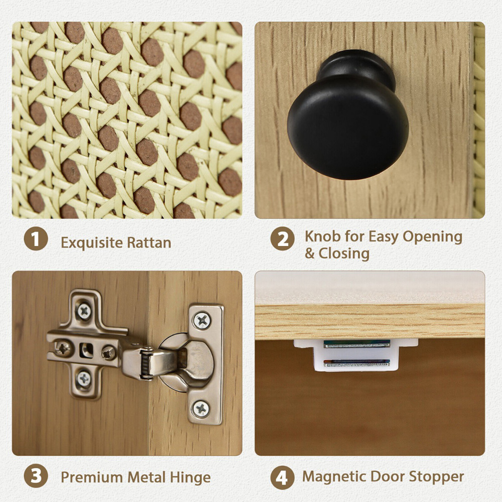 Costway Single Door Single Shelf Natural Rattan Modern Wooden Bedside Table Image 8