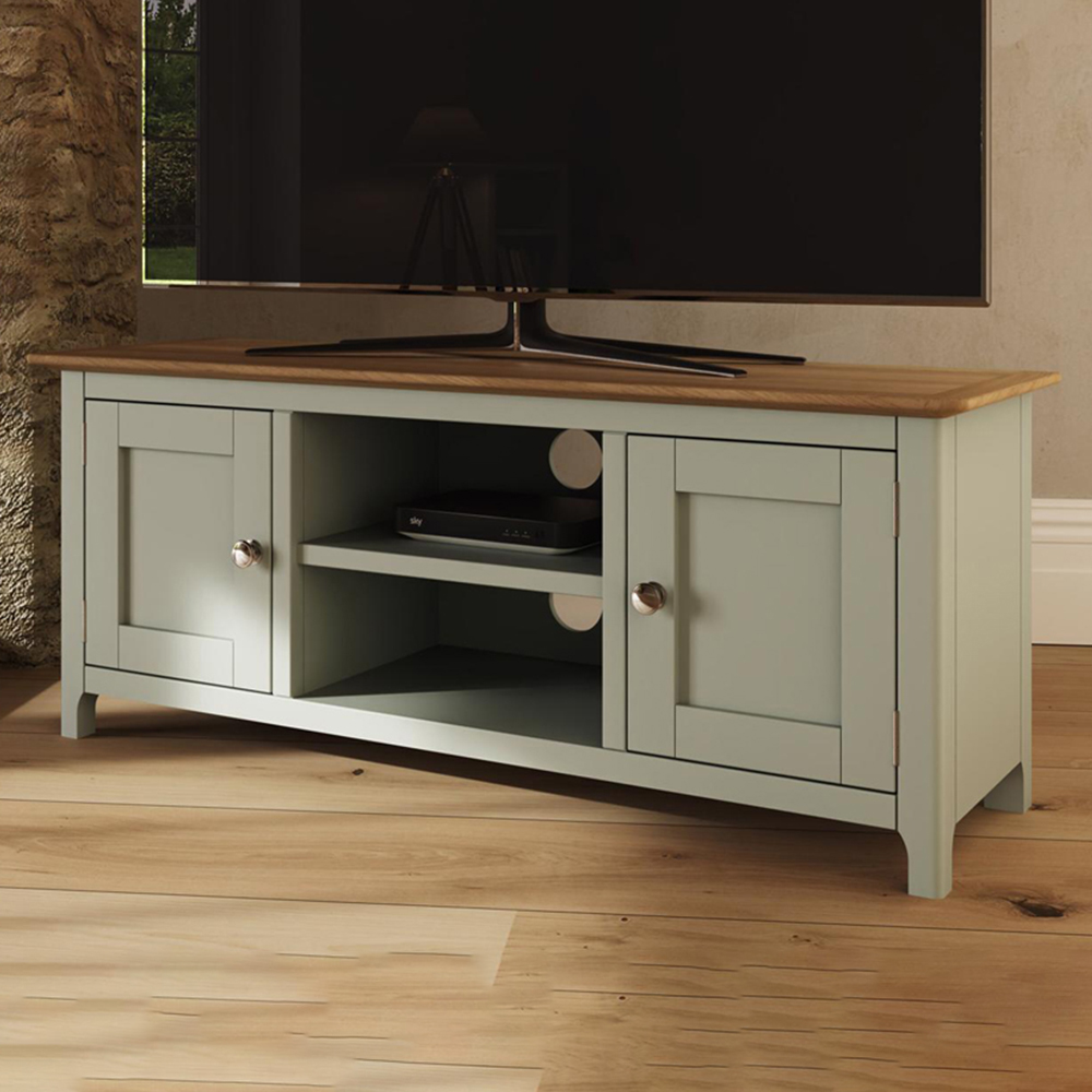 FWStyle Taberno 2 Door 2 Shelf Sage Green and Oak Wide TV Unit Image 1