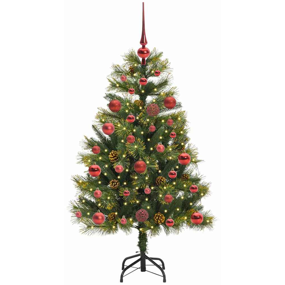 vidaXL Pre-Lit Red Baubles and Pinecones Green Artificial Christmas Tree 4ft Image 1