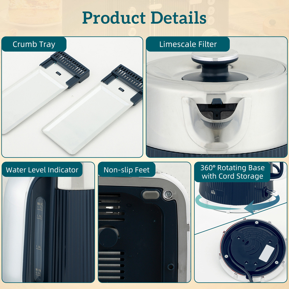HOMCOM Dark Blue 1.7L Rapid Boil Kettle and 4 Slice Toaster Set Image 3